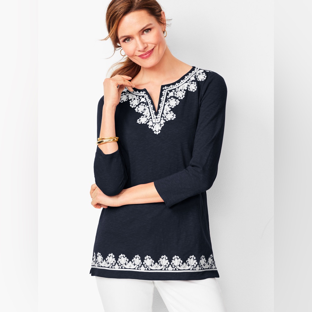 Talbots Navy Blue And White Split Neck Cotton Embroidered Tunic Size S Coastal